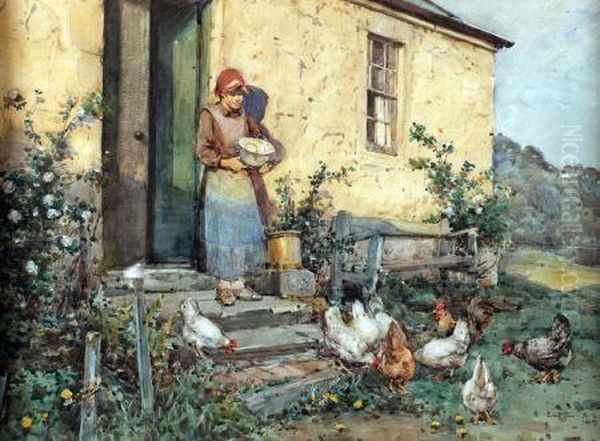 Girl Feeding Chickens Before A Cottage Oil Painting by Robert Eadie