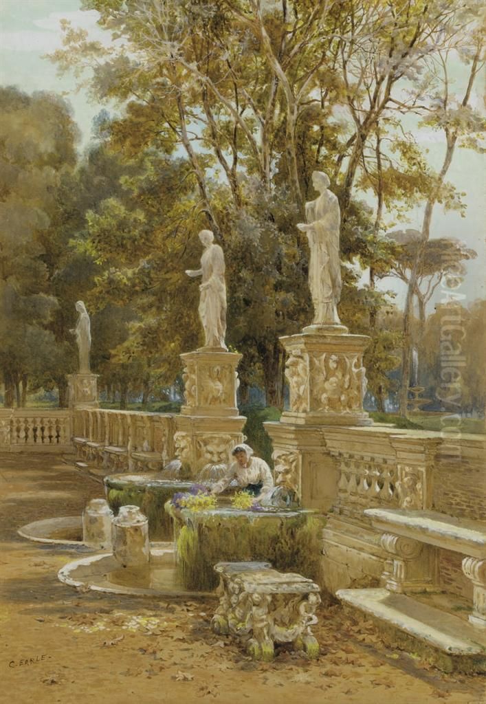 A Woman At A Fountain, Villa Borghese, Rome Oil Painting by Charles Earle