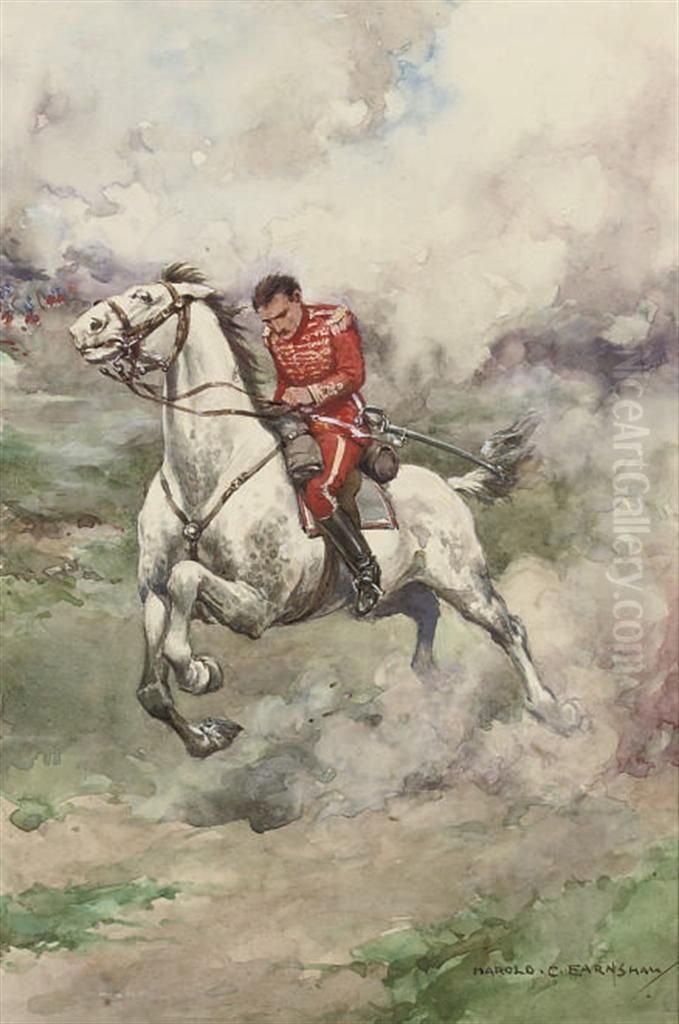 Outof The Smoke Of The Batteries On The Geisberg A Single Horsemandashed Oil Painting by Harold C. Earnshaw