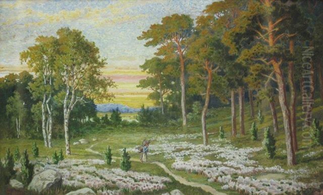 Reisigsammlerin Am Waldrand Oil Painting by Fritz Ebel