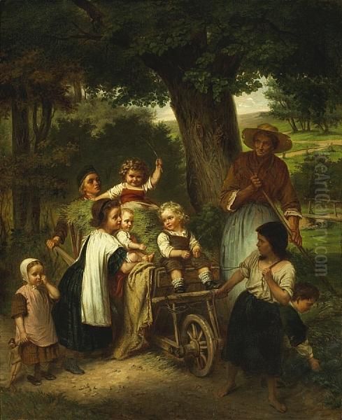 Children Playing In A Hay Wagon Oil Painting by Carl Ebert