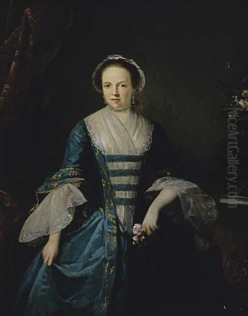 Portrait Of A Lady In A Blue Dress, Three-quarter Length, Holding A Rose Oil Painting by Eccardt, John Giles