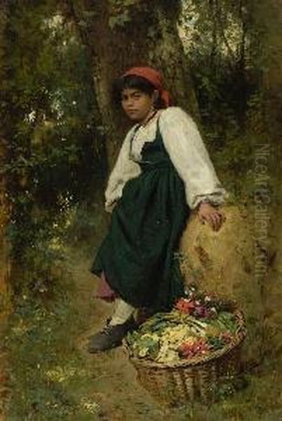 Rastendes Madchen Mit Gemusekorb. Oil Painting by Adolf Echtler