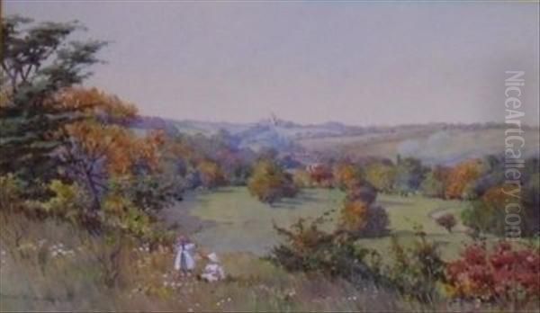 Childrenpicking Wild Flowers In A Summer Landscape Oil Painting by Alice Andrews Edith
