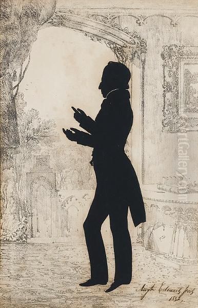 A Silhouette Of A Gentleman, Full-length, In Interior Setting, Profile To The Left, Wearing Frock Coat, Waistcoat, Chemise And Cravat. Oil Painting by Augustin Amant Constant Fidele Edouart