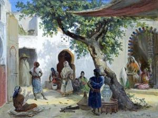Dancers In A Courtyard Oil Painting by Victor Eeckhout