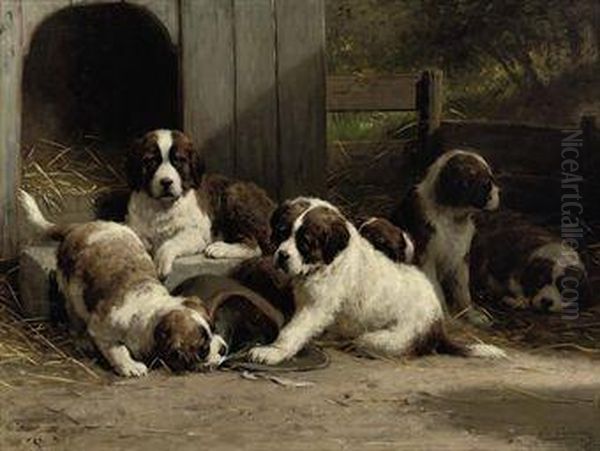 Saint-bernard Puppies Oil Painting by Otto Eerelman