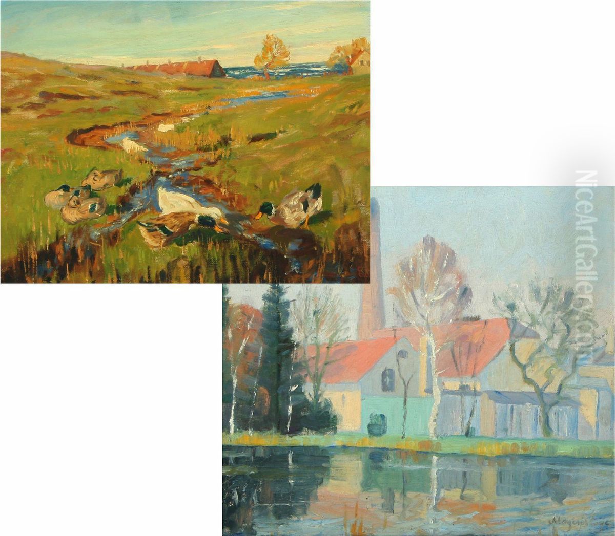 Dairy And Landscape Withducks Oil Painting by Mogens Ege