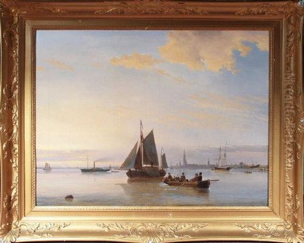 A Harbour Scene With Figures In A Rowing Boat, A Hay-barge And Other Shipping Oil Painting by Egidius Linnig