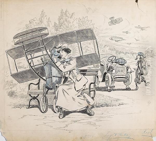 The Aeroplane Wins Popular Favor Oil Painting by Samuel D Ehrhart