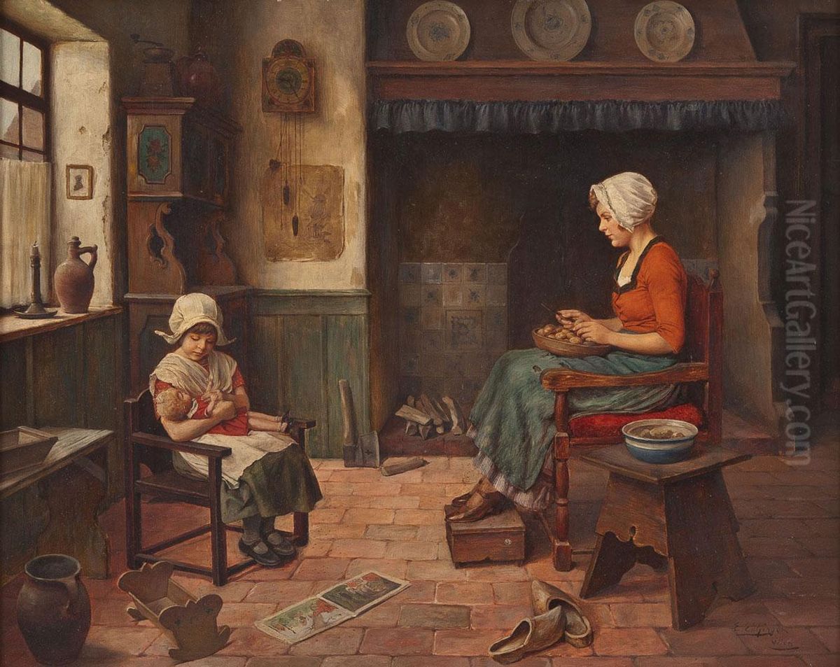 Mutter Und Tochter In Der Kuche Oil Painting by Erwin Eichinger