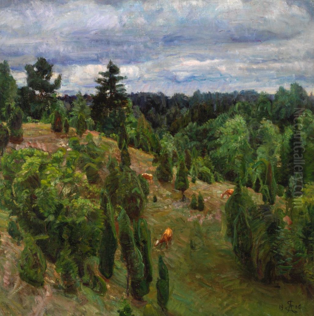 Gront Landskap Oil Painting by August Eiebakke