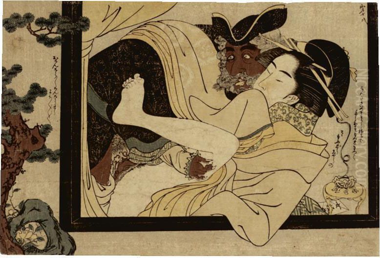 Shunga From The Series ````fumi No Kiyogaki' (calligraphic Models) Oil Painting by Hosoda Eiri