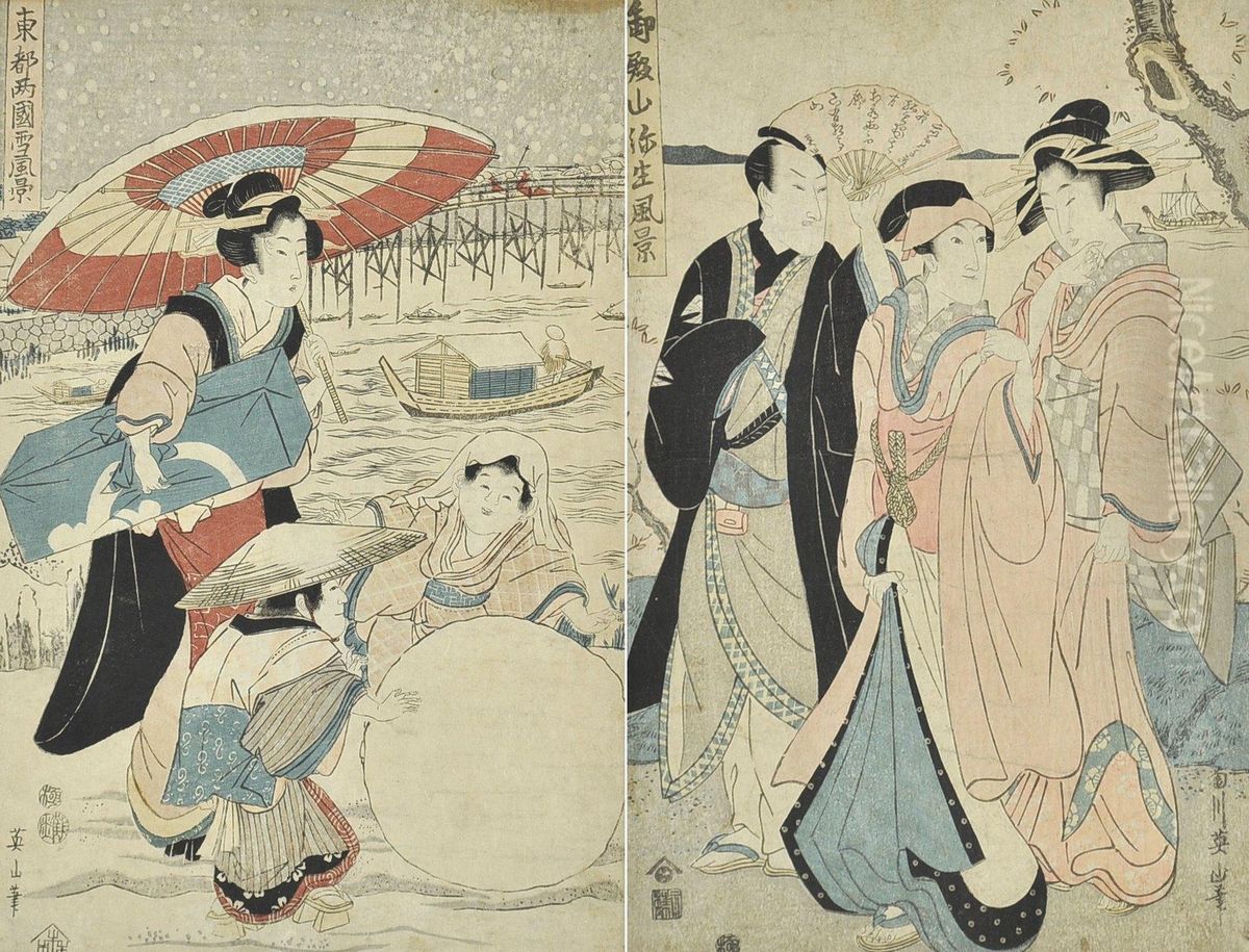 Winter Scene With Children Rolling A Large Snow Ball Oil Painting by Kikukawa Eizan