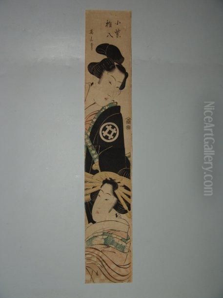 June Couple D'amoureux En Buste Oil Painting by Kikukawa Eizan