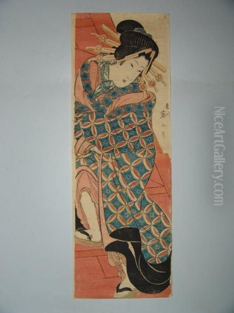 Une Jeune Femmemontant Un Escalier Oil Painting by Kikukawa Eizan