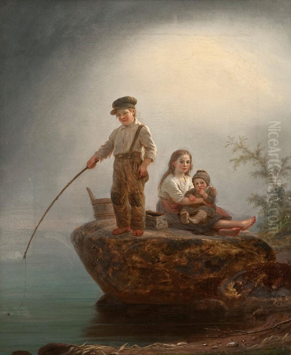 Children On The Shore Oil Painting by Robert Wilhelm Ekman