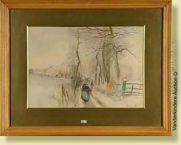 Cheminde Village Anime Sous La Neige, Aquarelle Sur Papier. Signee En Basa Droite Edouard Elle. Ecole Belge. Dim.: 37x52cm Oil Painting by Edouard Elle