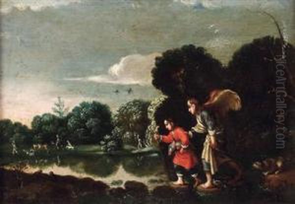 Der Hl. Erzengel Raphael Mit Tobias In Fluslandschaft Mit Personenstaffage Oil Painting by Adam Elsheimer