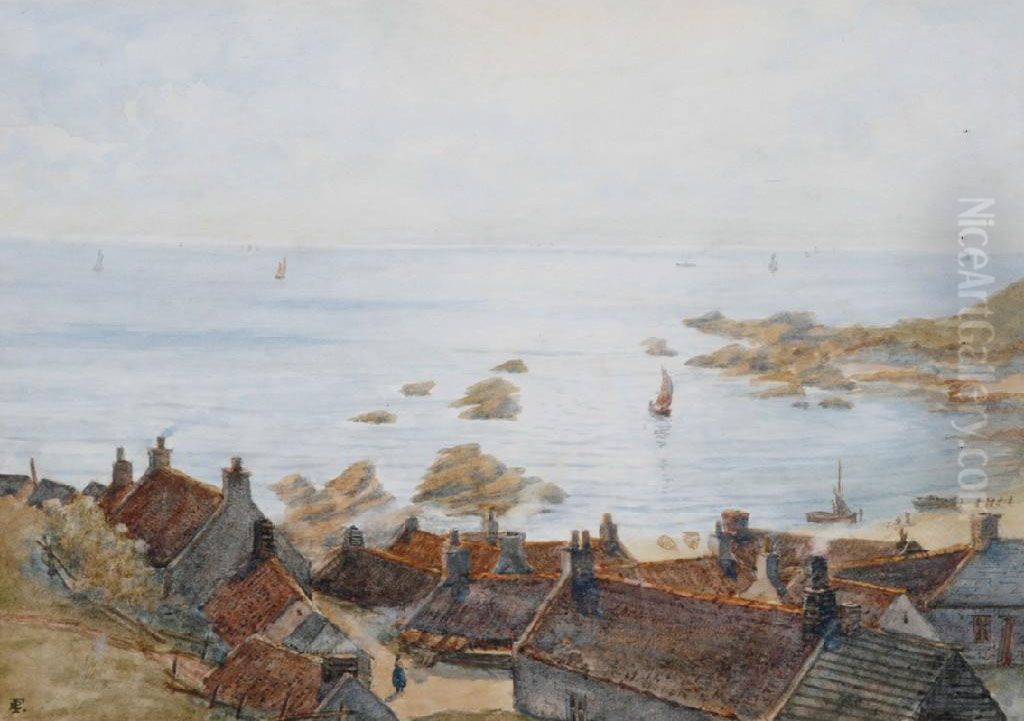 A View Across Rooftops Of A Coastal Village Oil Painting by Frank Lewis Emanuel