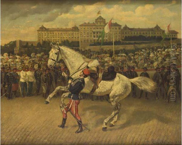 A Military Parade In North Italy With A Hussar Leading A Grey Horse Oil Painting by Wilhelm Emele