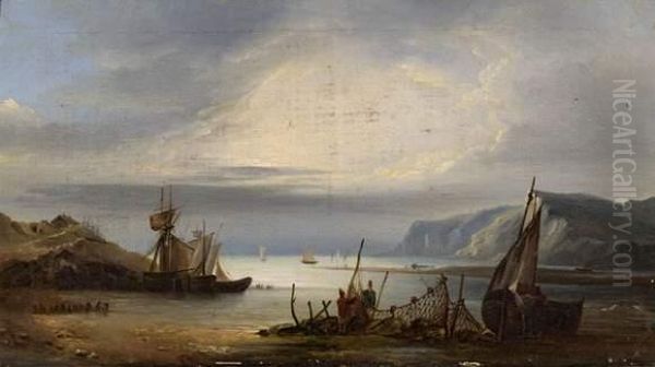 Marine Avec Pecheurs Etendant Leurs Filets. Oil Painting by Augustin Enfantin