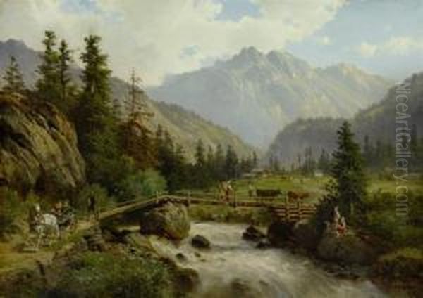 Idyllic Mountain Landscape With Travellers Oil Painting by Georg Engelhardt