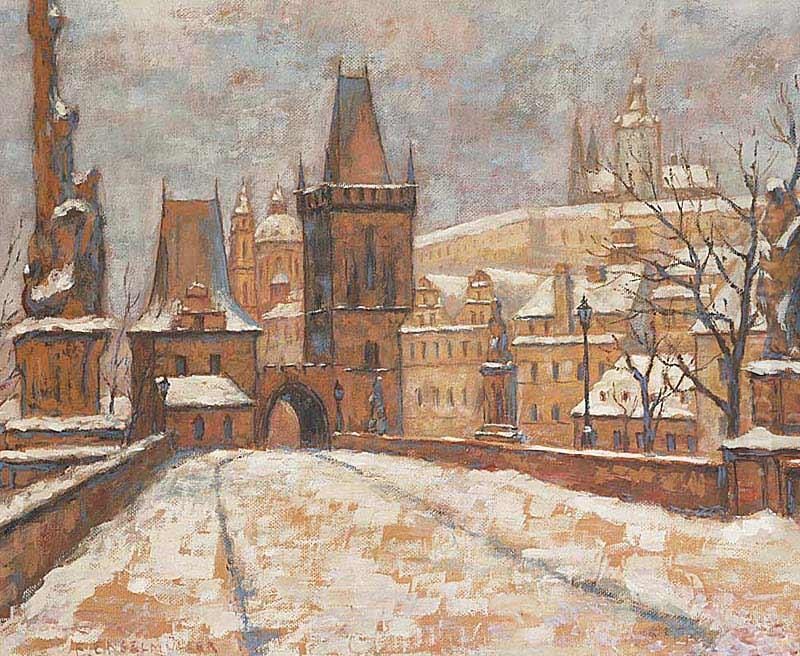Charles Bridge In Winter Oil Painting by Ferdinand Engelmuller