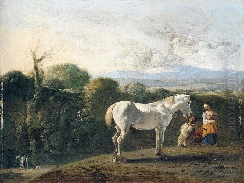 A Landscape With A White Horse And Travellers Resting In The Foreground, Figures Beside A River On The Left (possibly Representing Tobias And The Angel) Oil Painting by Bartholomeus Engels