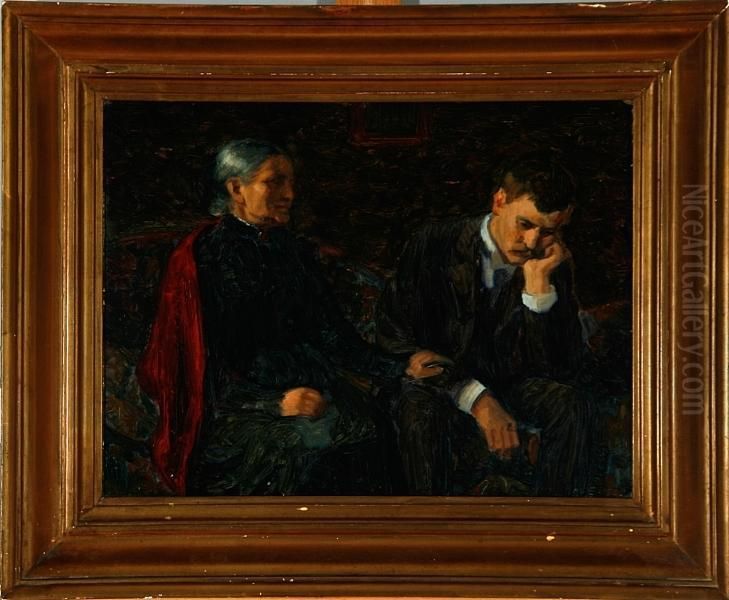 A Mother Comforts Her Son Oil Painting by Malthe O. Engelsted