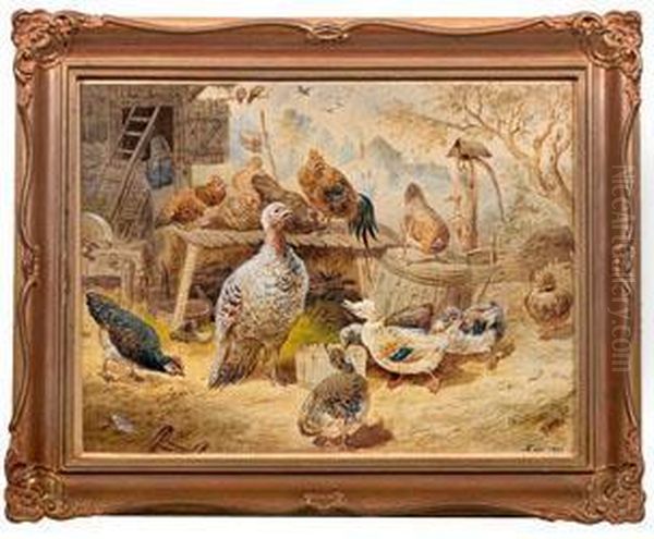 Pittoreske Hofszene Mit Haubenenten, Truthenne Und Huhnerschar Oil Painting by Robert Erbe