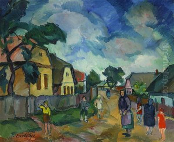 In The Village Oil Painting by Bela Erdelyi
