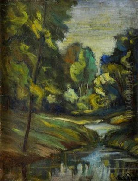 Lesna Krajina S Potokom Oil Painting by Bela Erdelyi