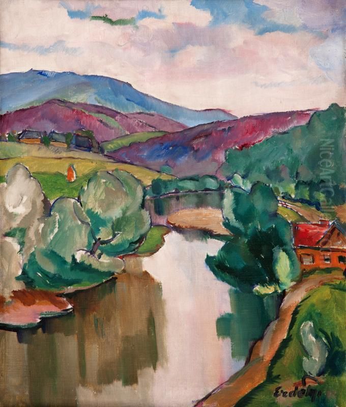 Krajina S Cervanky A Rekou Oil Painting by Bela Erdelyi