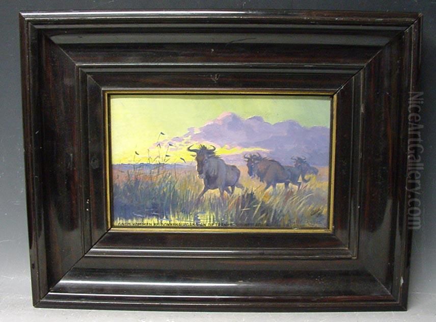 Gnus Bei Sonnenaufgang An Der Tranke , Sud-west Afrika Oil Painting by Axel Eriksson