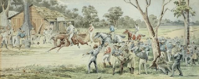 Horse Race At The Stockman Hotel Oil Painting by Arthur Esam