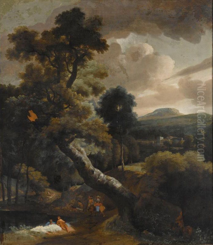 Other Properties
 

 
 
 

 
 A Wooded Hilly Landscape With Figures Resting Near A Stream, Horsemen On A Path Nearby, A View Of A Town Beyond Oil Painting by Jacob Esselens