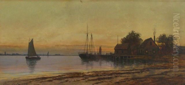 Harbor Village With Boats At Dusk Oil Painting by George Emerick Essig