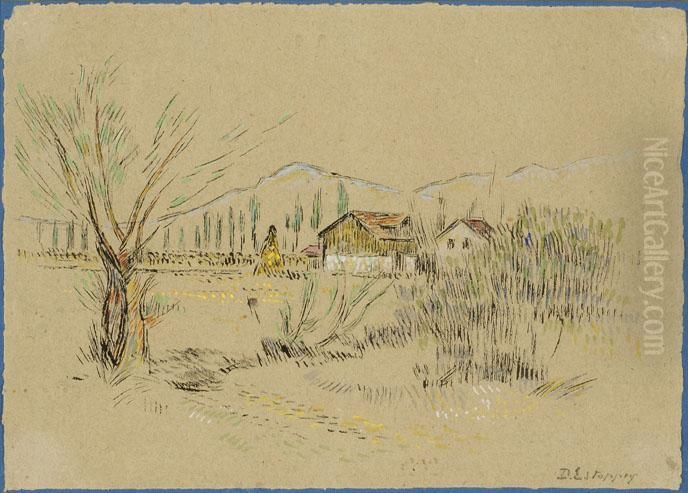 View Of A Farm With Mountains In The Background Oil Painting by David Estoppey