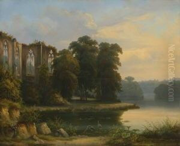 Gotische Kirchenruine In Abendlicher Flusslandschaft. Oil Painting by Joseph Carl Ettinger