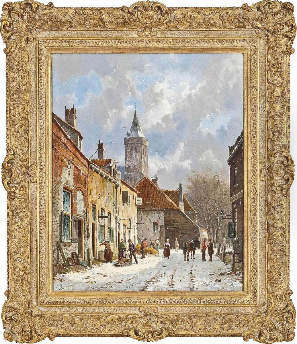 Figures On A Dutch Street In The Snow Oil Painting by Adrianus Eversen