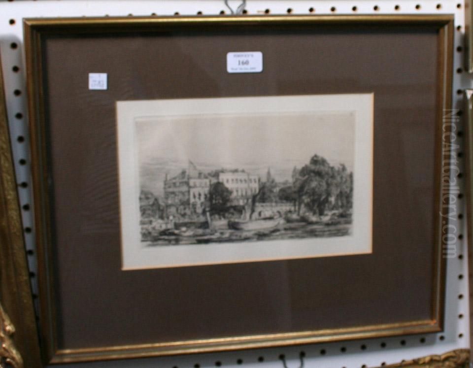 View Of The Thames WithMoored Barges And Sailing Craft Oil Painting by Arthur Evershed
