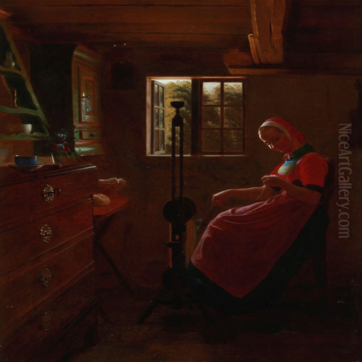 Peasant Interior With A Young Woman At The Spinning Wheel, Zealand Oil Painting by Julius Exner