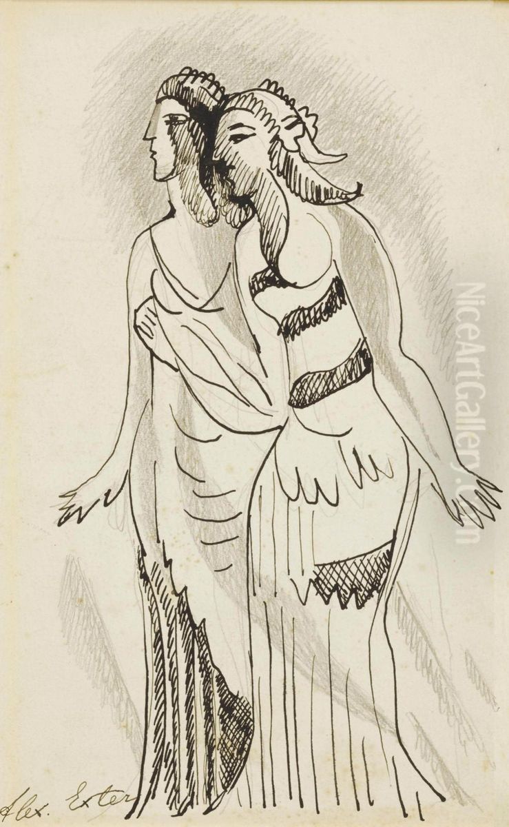 Two Women Oil Painting by Alexandra Alexandrov Exter