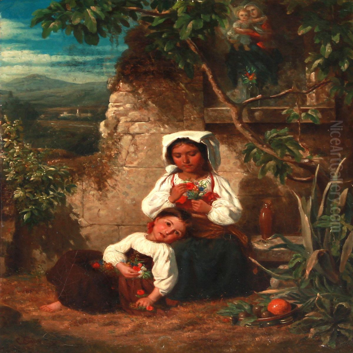 Italian Landscape With Two Little Girls With Bunches Of Flowers At A Roadside Altar Oil Painting by Carl Eybe