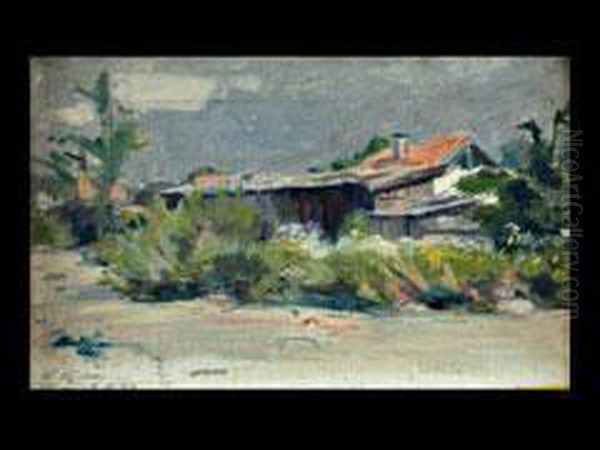 Bad Tolz, Gehoft Hinter Hohen Strauchern Am Flussufer Oil Painting by Gustav Eyer