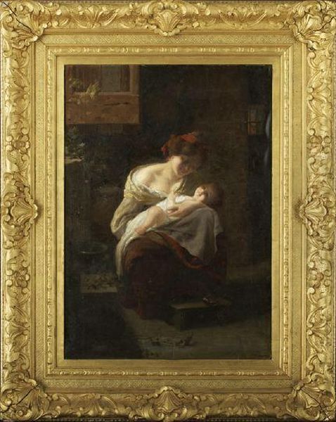 Interior Scene With A Mother And ChildUnder The Moonlight Oil Painting by Carlo Facchinetti