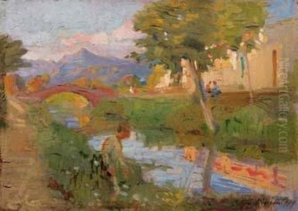 Ruscello Con Case - 1919 Oil Painting by Carlo Facchinetti