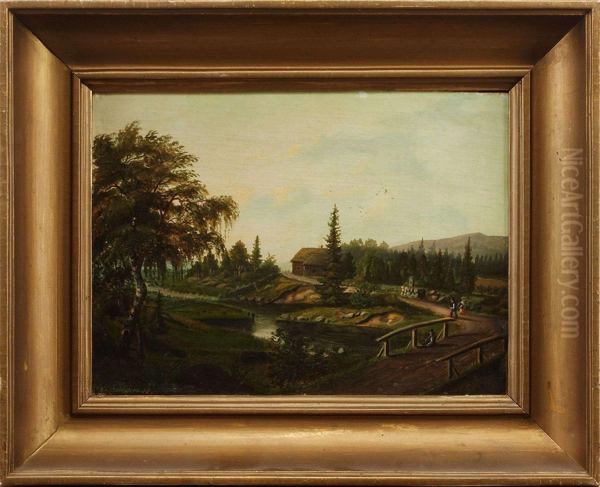 Svensk Insjolandskap Med Figurer Oil Painting by Carl August Fahlgren