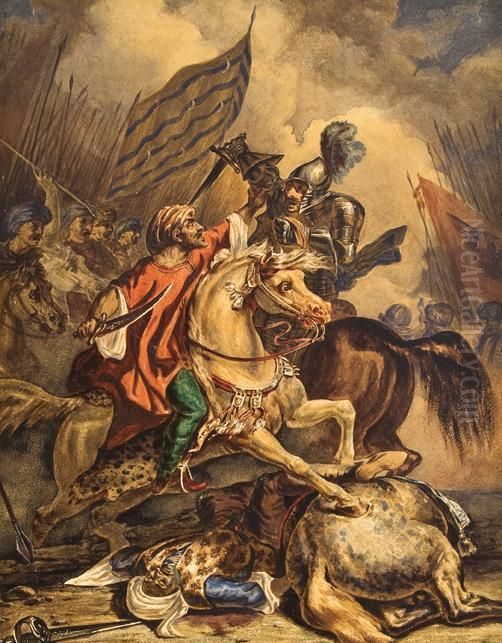 Battle Between German And Turkish Cavalry Oil Painting by Louis Joseph Fanelli-Semah